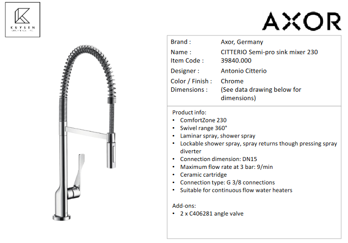 Axor CITTERIO sink mxr SemiPro pull out spray 39840.000