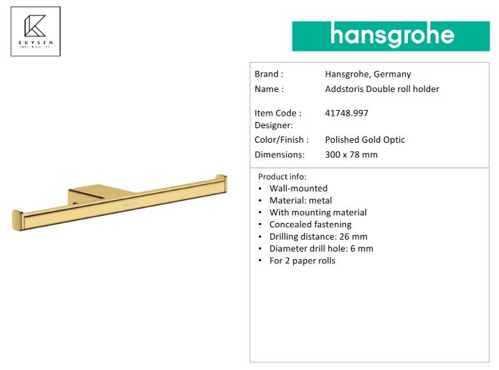 Hansgrohe AddStoris Double roll holder, Polished Gold Optic 41748.997