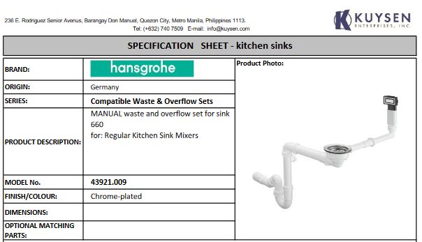 Hansgrohe Manual waste and overflow set for sink 660 43921.007