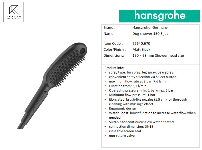 Hansgrohe DogShower Dogs hand shower 150 3jet Select Matt Black 26640.670