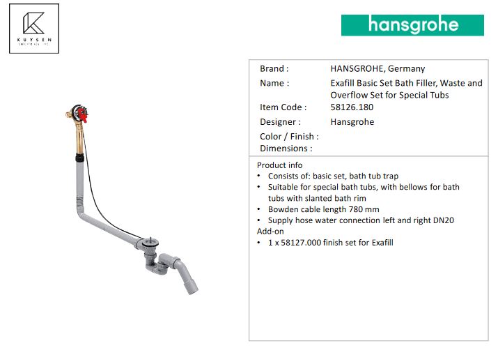 Hansgrohe Exafill bath waste & overflow with filler for special tubs 58126.180
