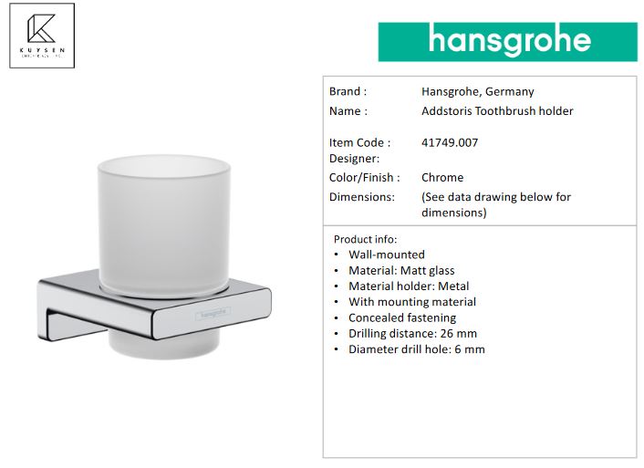 Hansgrohe AddStoris Toothbrush holder, Chrome 41749.007