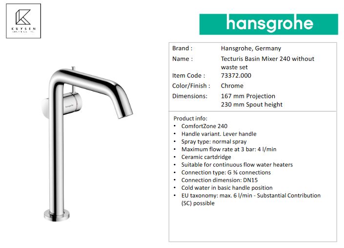Hansgrohe Tecturis S  basin mixer240 no wasteset 73372.000