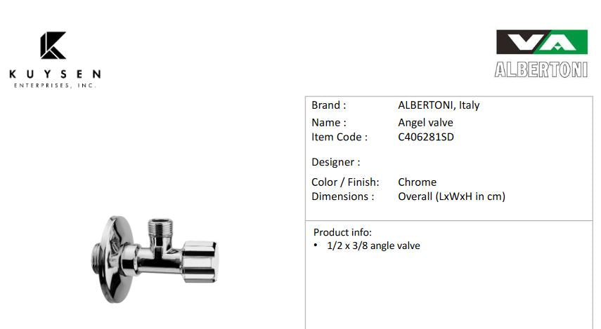 Albertoni Angle Valve 1/2M inlet x 3/8 without nut for 3/8 flexible hose C406281SD