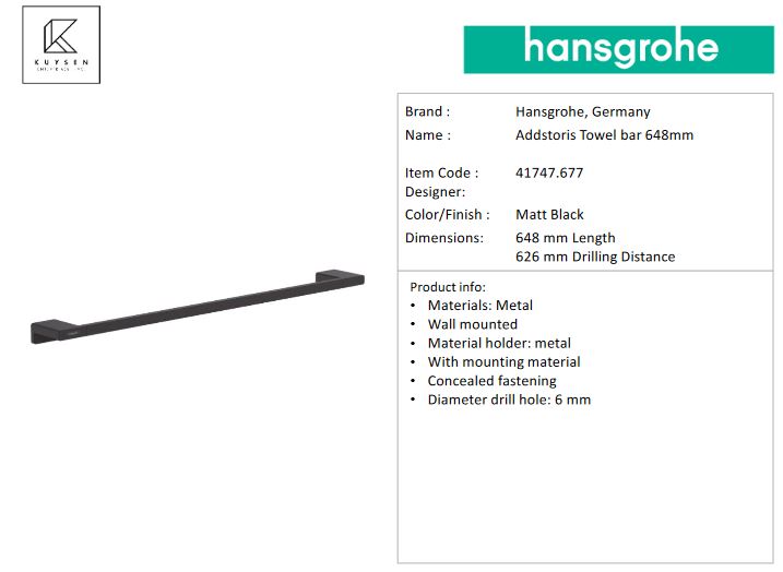 Hansgrohe AddStoris Towel bar 648mm, Matt Black 41747.677