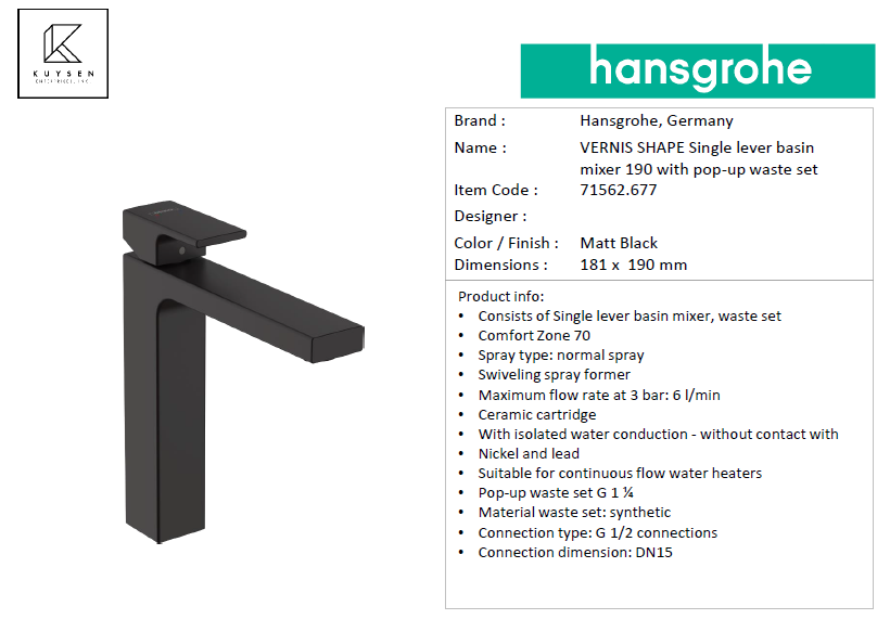Hansgrohe VERNIS SHAPE Single lever basin mixer 190 with pop-up waste set 71562.677