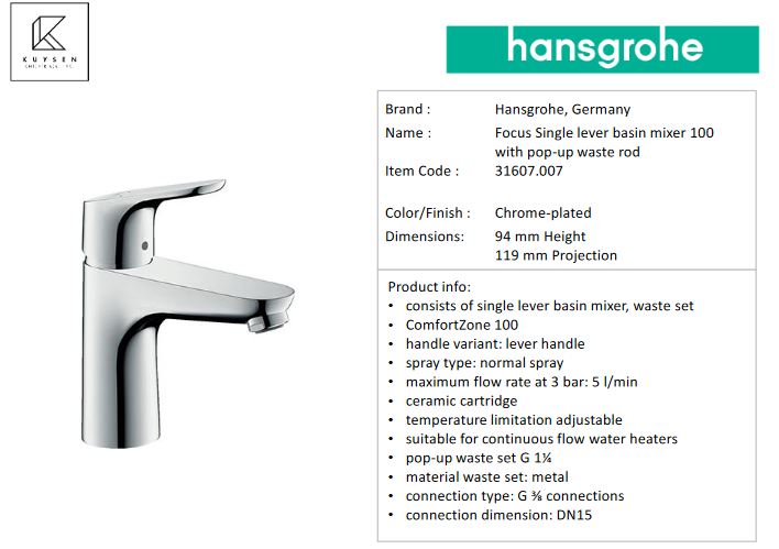 Hansgrohe Focus basin mixer 100mm with pop up 1/2 31607.007