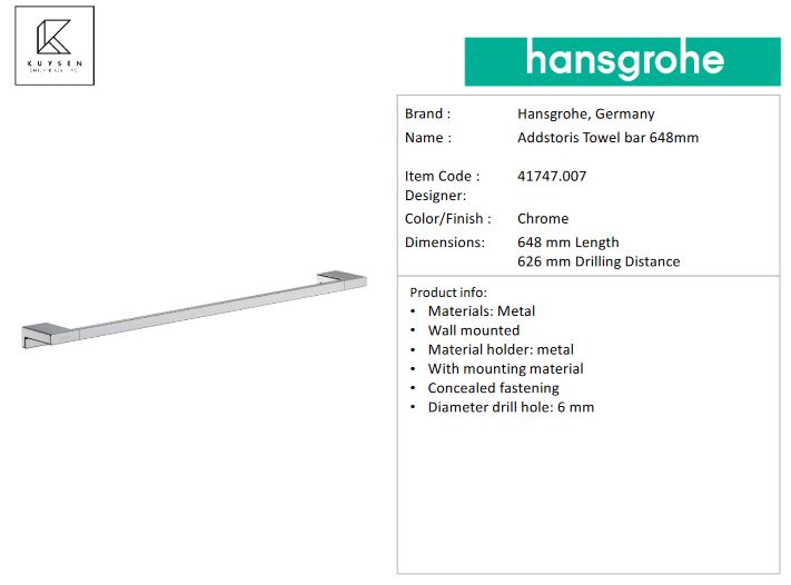 Hansgrohe AddStoris Towel bar 648mm, Chrome 41747.007