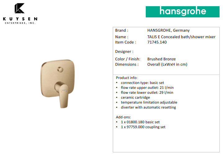 Hansgrohe Talis E finish set for bath/showr mxrBBR 71745.140