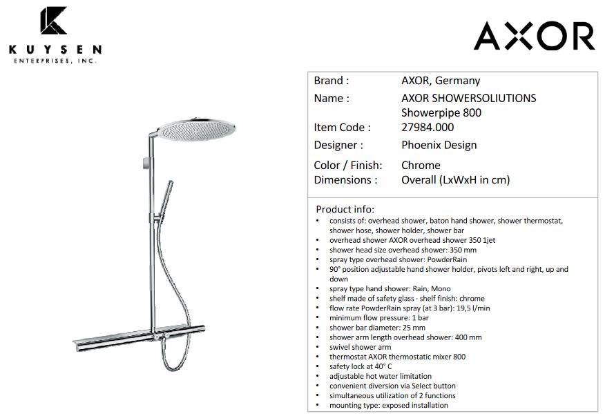 Axor Shower Solutions Showerpipe with Thermostat 800, Chrome 27984.000