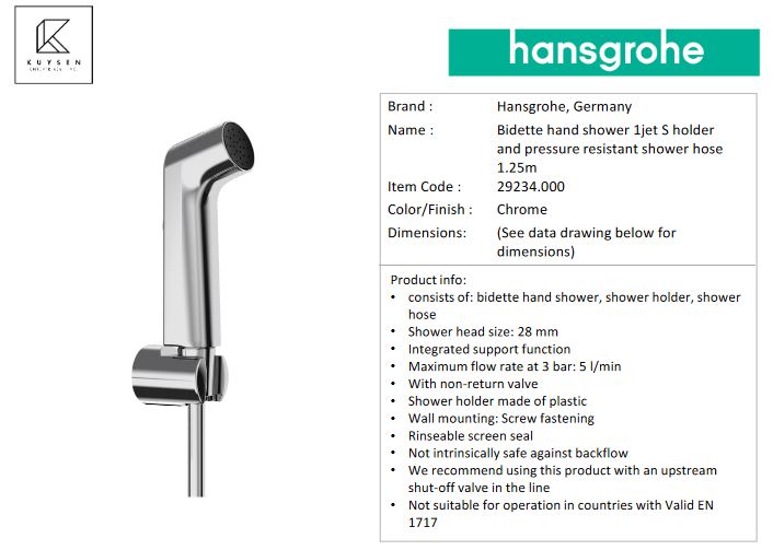 Hansgrohe Shattaf bidet 1jet with holder 29234.000