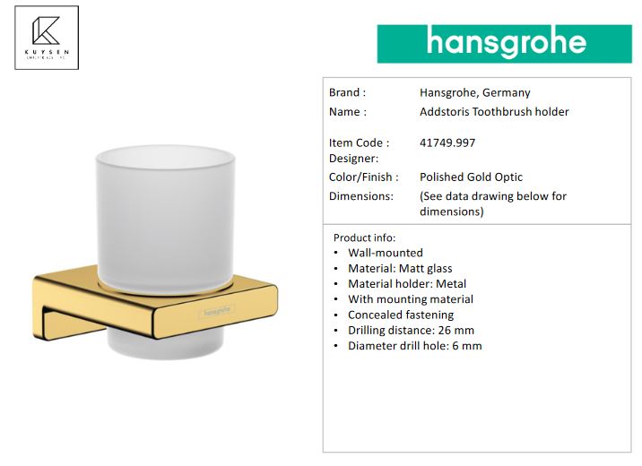 Hansgrohe AddStoris Toothbrush holder, Polished Gold Optic 41749.997