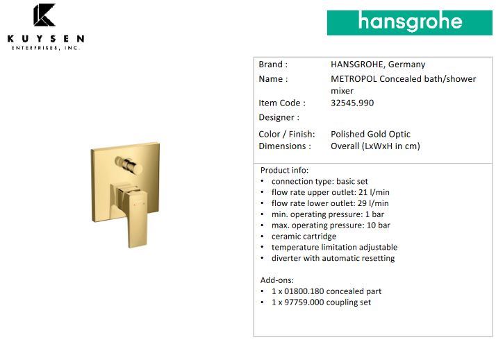 Hansgrohe Metropol finish set bath/shower mixer 32545.990