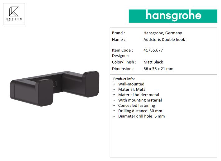 Hansgrohe Addstoris Double hook Matt Black 41755.677