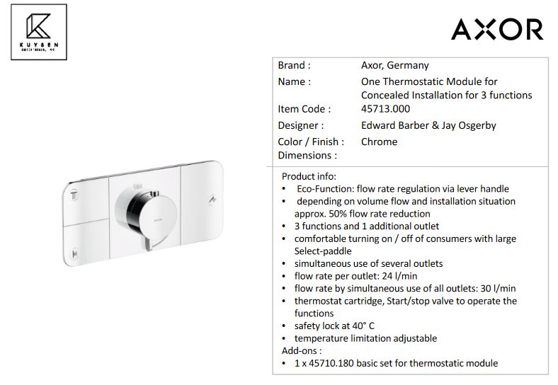 Axor ONE Finish set of thermostat module for 3 outlets, Chrome 45713.000