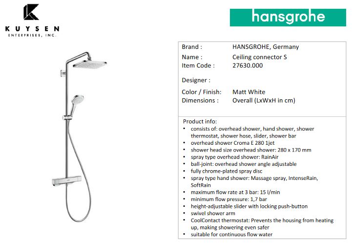 Hansgrohe Croma E280 1jet with thermostat shower pipe 27630.000