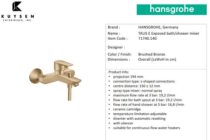 Hansgrohe Talis E exposed bath/shower mixer BBR 71740.140