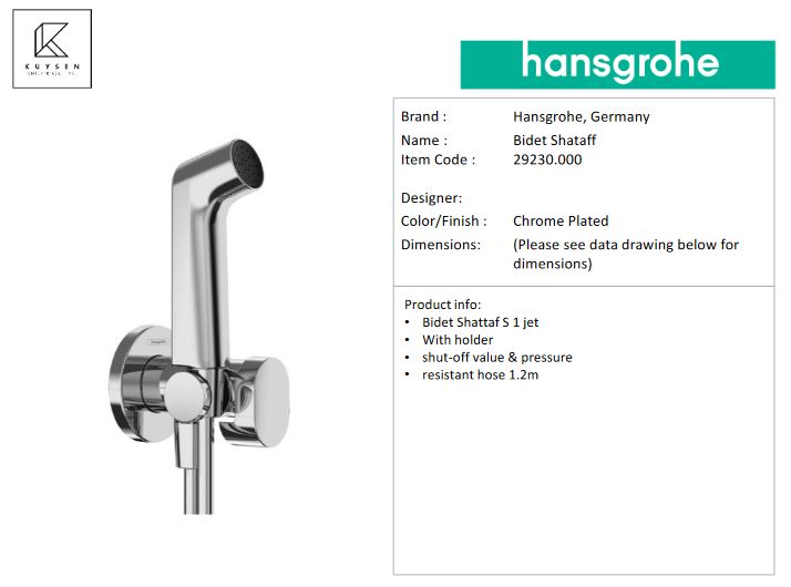 Hansgrohe Shattaf S bidet 1jet with holder, Chrome 29230.000