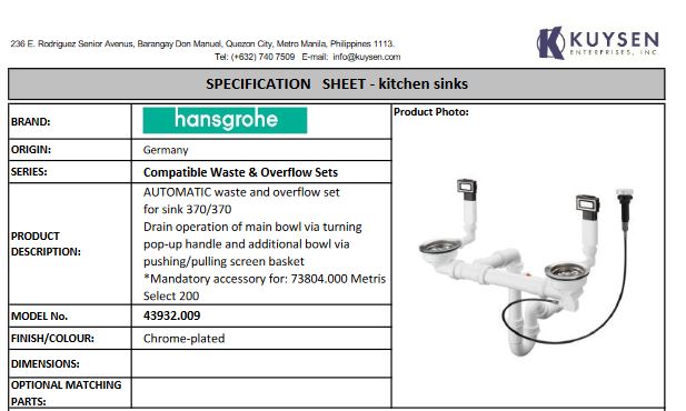 Hansgrohe Automatic waste and overflow set for sink 370/370 43932.009