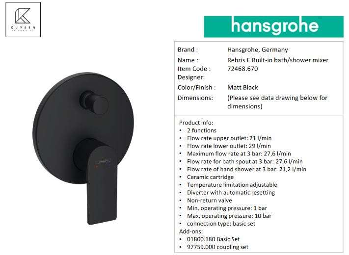 Hansgrohe Rebris E bath mxr concealed fin.set 72468.670