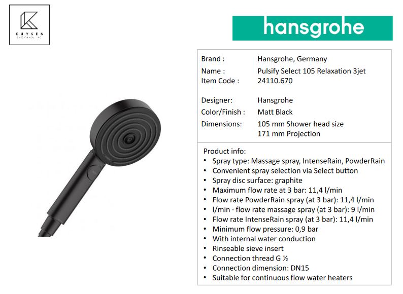 Hansgrohe Pulsify Select S Hand shower 105 3jet Relaxation 24110.670.