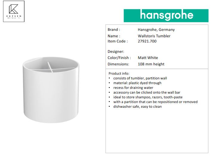 Hansgrohe Wallstoris tumbler matt white 27921.700