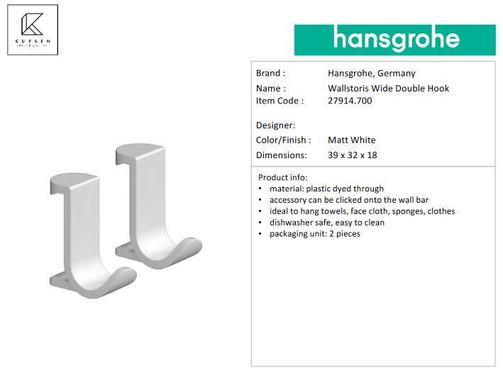 Hansgrohe Wallstoris hook wide matt white 27914.700