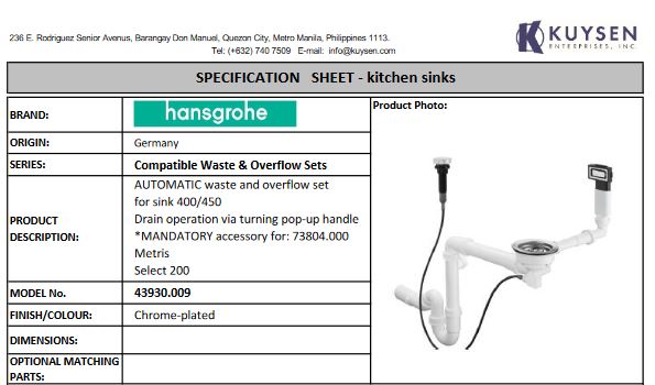 Hansgrohe Automatic waste and overflow set for sink 400/450 43930.009