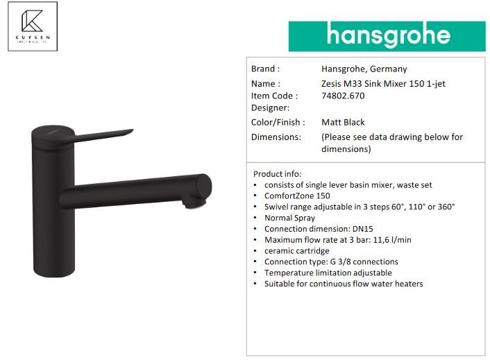 Hansgrohe Zesis M33 sink mixer 150 1jet Matt Black 74802.670