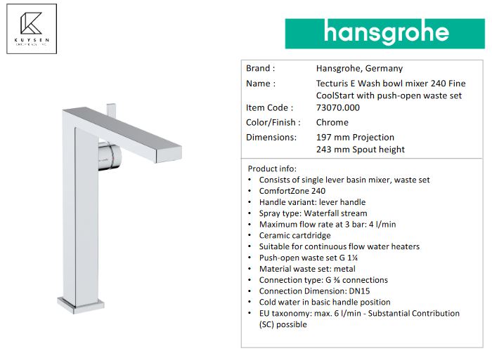 Hansgrohe Tecturis E basin mixer 240 coolstart 73070.000
