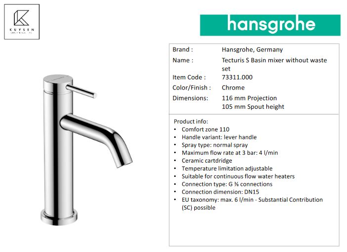 Hansgrohe Tecturis S basin mixer no waste set 73311.000