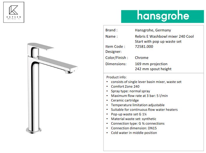 Hansgrohe  Rebris E basin mixer 240 coolstart 72581.000
