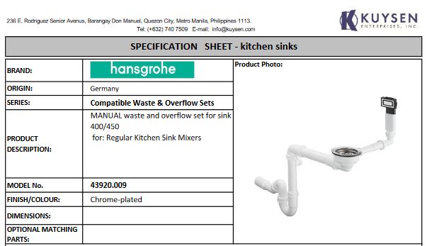 Hansgrohe Manual waste and overflow set for sink 400/450 43920.009