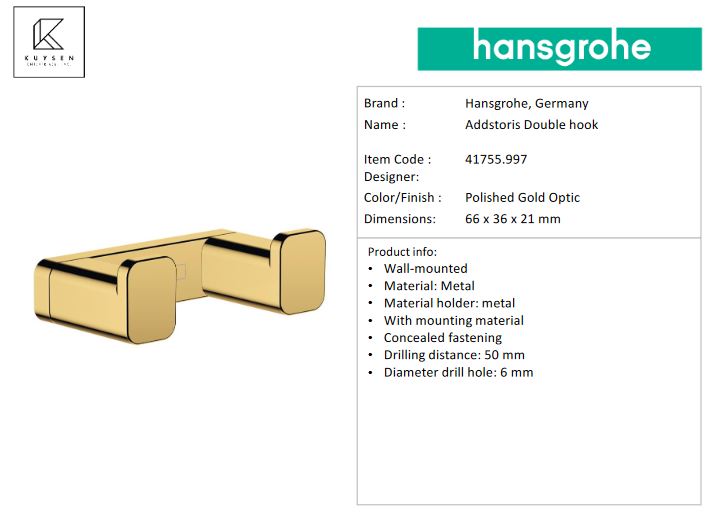 Hansgrohe Addstoris Double hook, Polished Gold Optic 41755.997