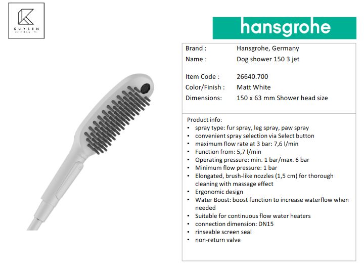 Hansgrohe DogShower Dogs hand shower 150 3jet Select Matt White 26640.700