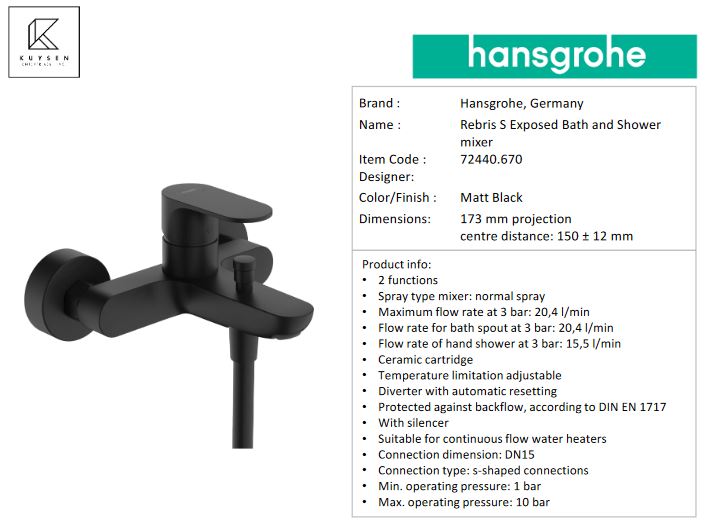 Hansgrohe Rebris S wall mounted bath mixer 72440.670