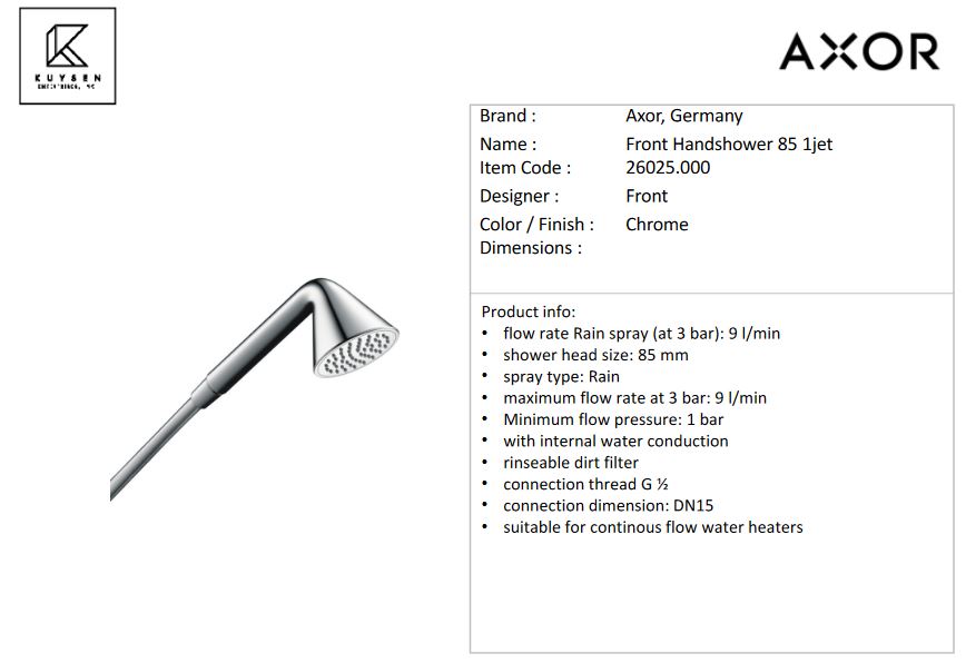 Axor Front Handshower 85 1jet, Chrome 26025.000