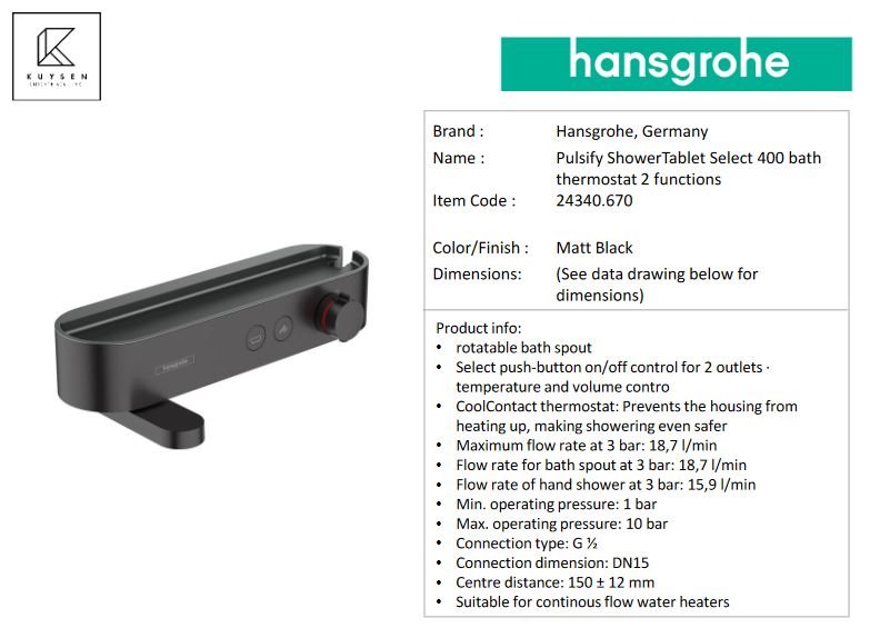 Hansgrohe ShowerTablet Select Bath thermostat 400 for exposed installation 24340.670