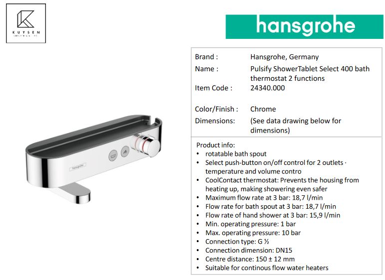 Hansgrohe ShowerTablet Select Bath thermostat 400 for exposed installation 24340.000