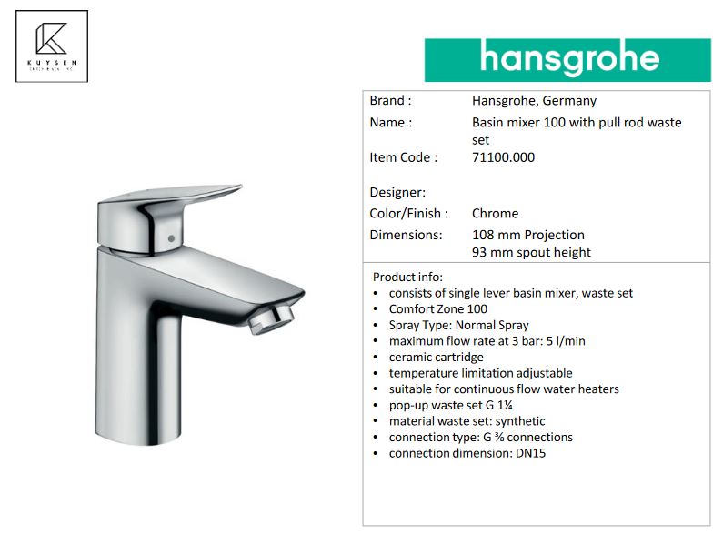 Hansgrohe Logis Basin mixer 100 with pull rod waste set, Chrome 71100.000