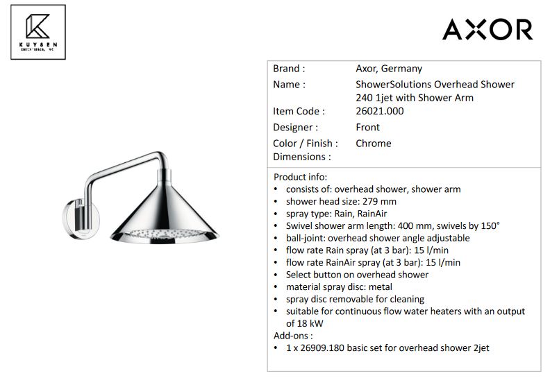 Axor Front Overhead Shower 240 2jet, Chrome 26021.000