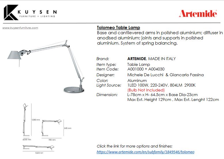 Artemide Tolomeo Table Lamp A001000 + A004030