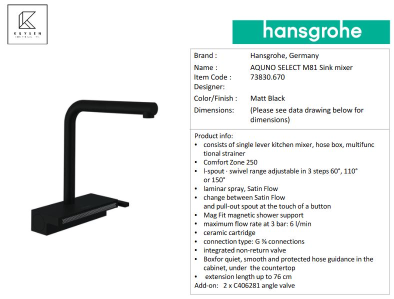 Hansgrohe AQUNO SELECT M81 Sink mixer Matt Black 73830.670
