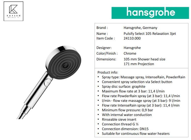Hansgrohe Pulsify Select S Hand shower 105 3jet Relaxation 24110.000.
