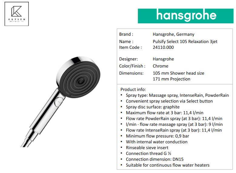 Hansgrohe Pulsify Select S Hand shower 105 3jet Relaxation 24110.000