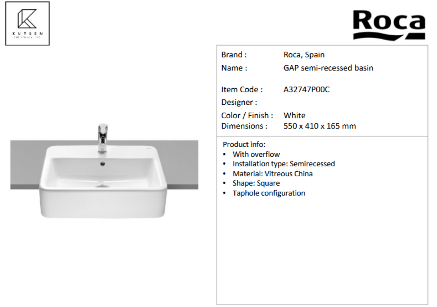 Roca Gap original semi-recessed basin 1TH A32747P00C