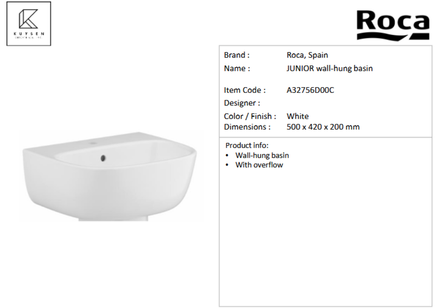 Roca Junior wall hung basin 1TH 50x42cm A32756D00C