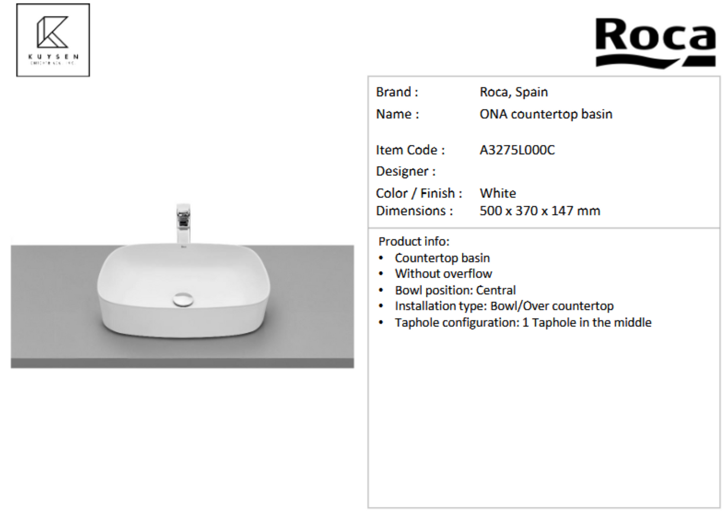 Roca Ona countertop basin w/o overflow A3275L000C