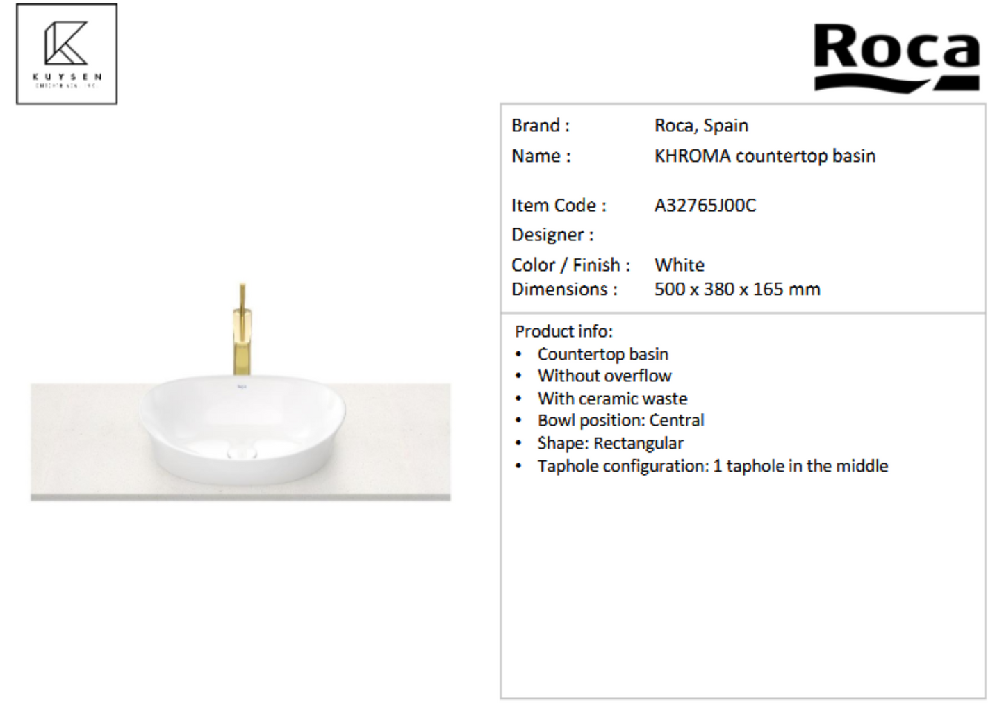 Roca Khroma over-countertop basin Ø500mm A32765J00C