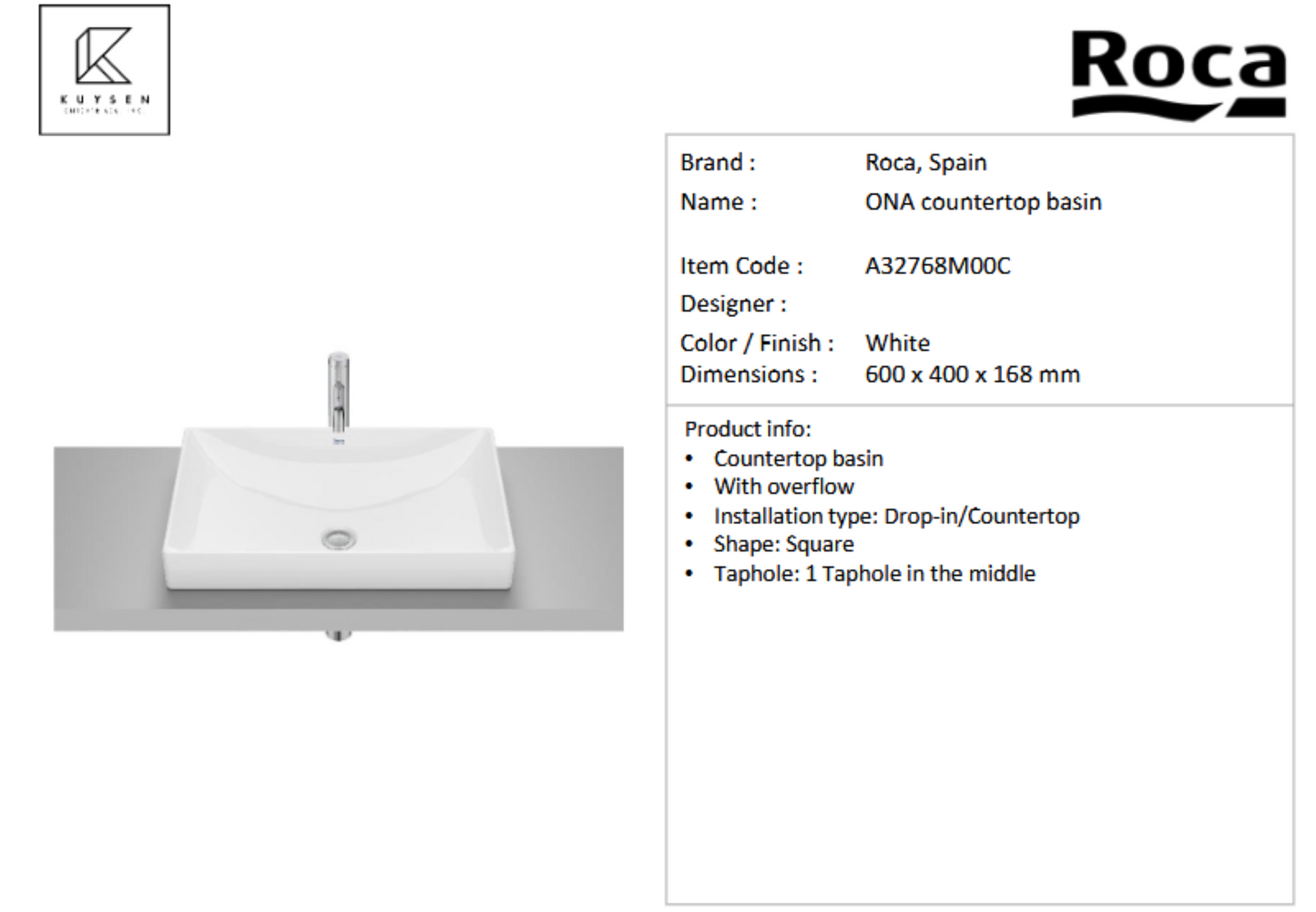 Roca Ona countertop basin 600mm A32768M00C
